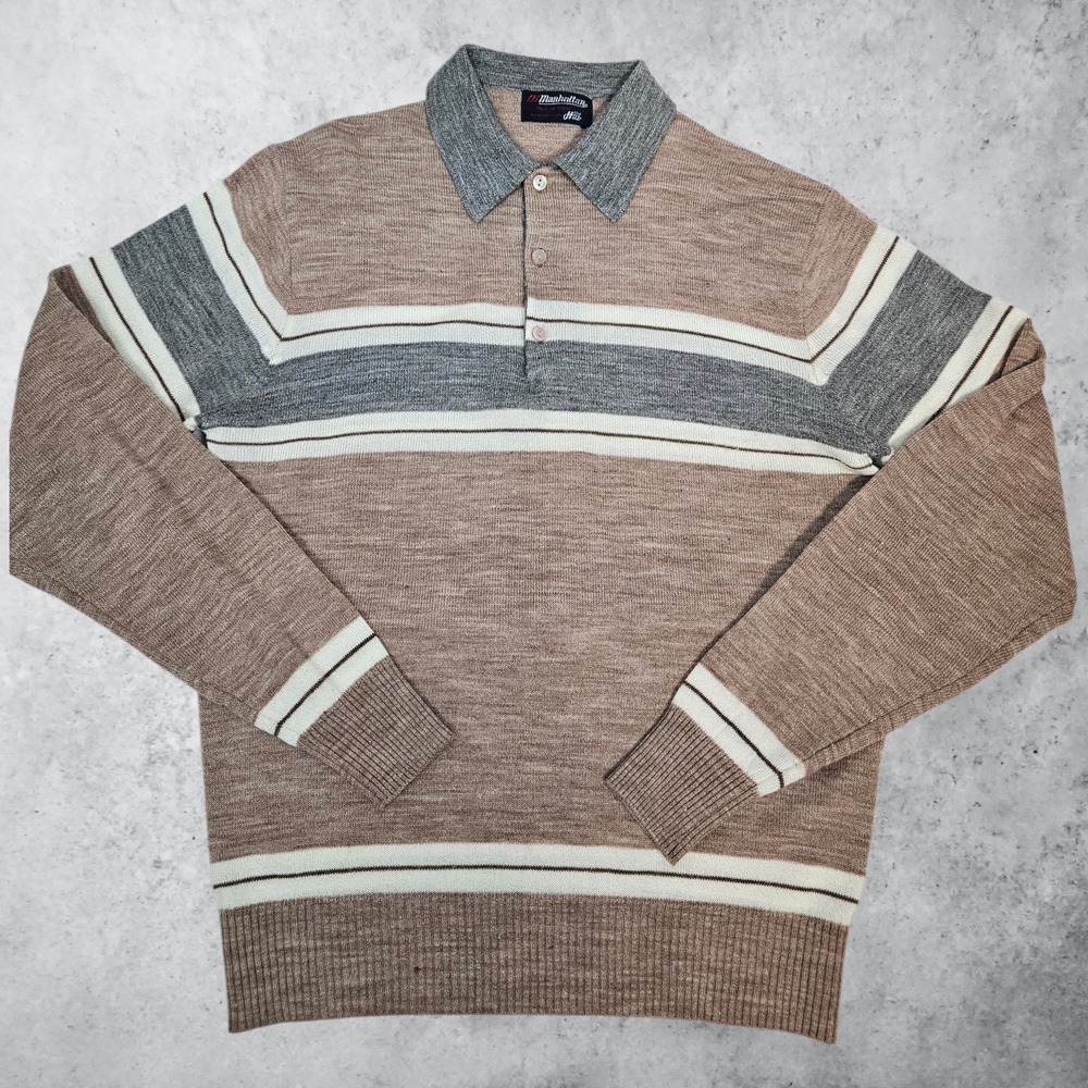Vintage 80s Manhattan Mens Striped Polo Sweater Acrylic Knit Large Korea K85